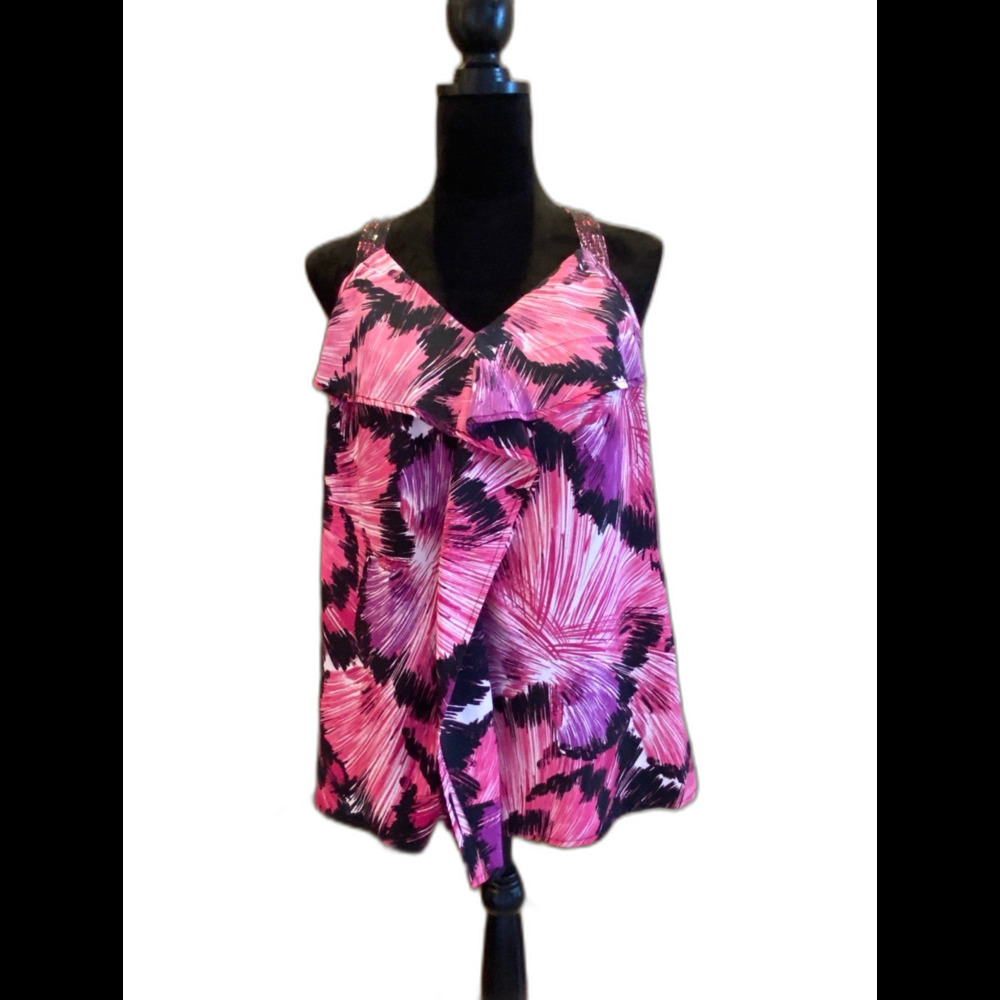 Elle Blouse  Size Large Top‎ Sleeveless Pink Purple Ruffled Front Sequin Straps